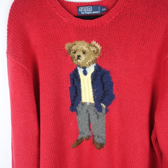 Vintage 2001 Ralph Lauren Hand Knit Polo Bear Crewneck Sweater, Size 2XL - Picture 3 of 9